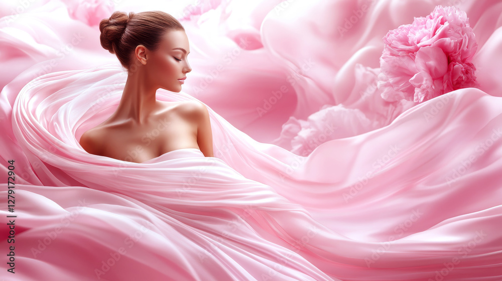 Woman draped in flowing pink fabric, surrounded by soft floral shapes. Concept of elegance and serenity. For beauty product photo.
