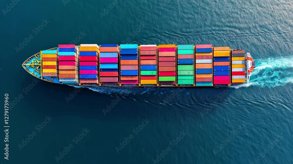A large cargo ship navigates through deep blue waters while carrying a variety of colorful shipping containers under sunny skies