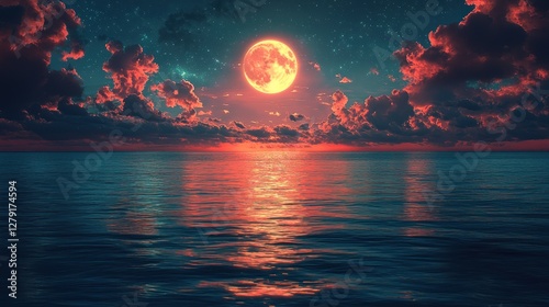 Blood Moon Rising Over a Calm Ocean at Night