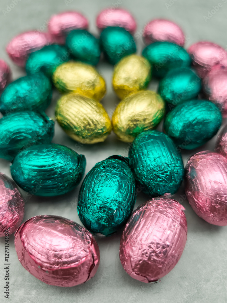 Chocolate easter eggs wrapped in pink, gold, and teal foil creating festive arrangement Chocolate easter eggs wrapped in pink, gold, and teal foil creating festive arrangement