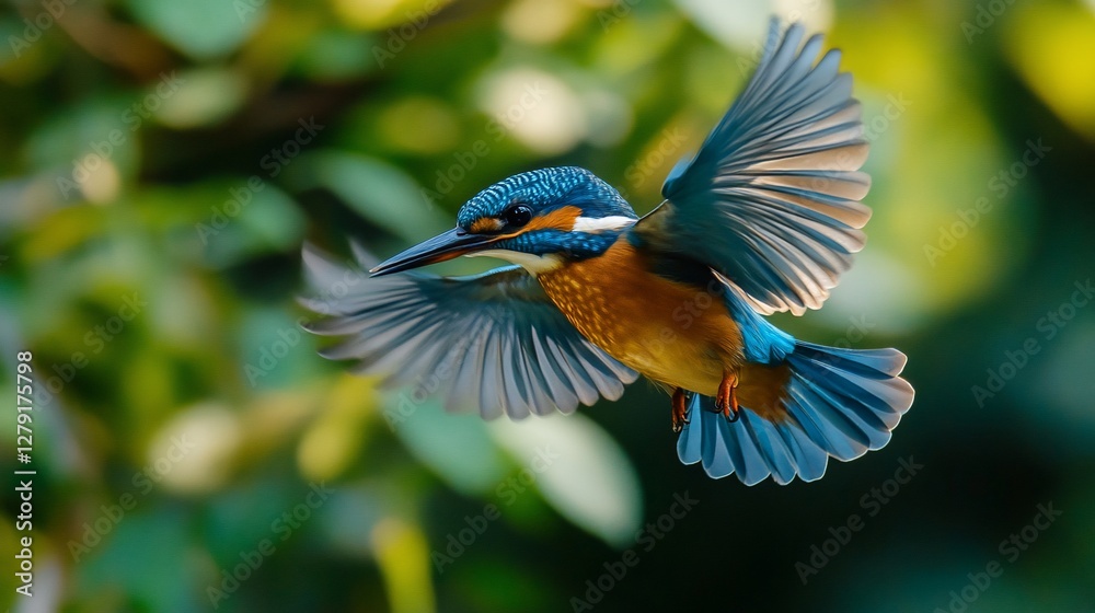 Fototapeta premium Common Kingfisher in flight, vibrant blue and orange plumage, wings spread.