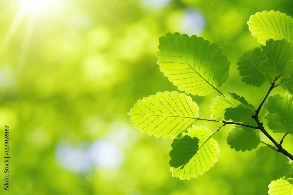 Fresh green leaves with sunlight rays shining through foliage. Natural spring background with blurred bokeh effect. Environmental concept with copy space for text Fresh green leaves with sunlight rays shining through foliage. Natural spring background with blurred bokeh effect. Environmental concept with copy space for text