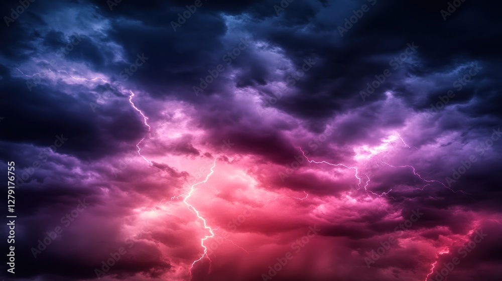 Obraz premium Dramatic Pink And Purple Storm Clouds With Lightning