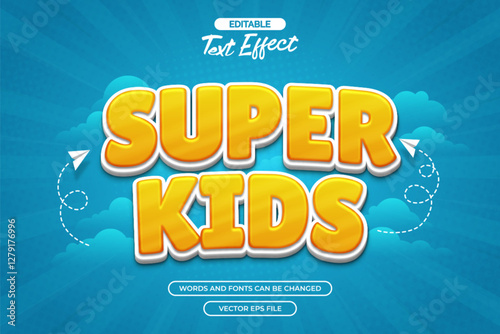 Super kids editable text effect with cloud decoration and blue background