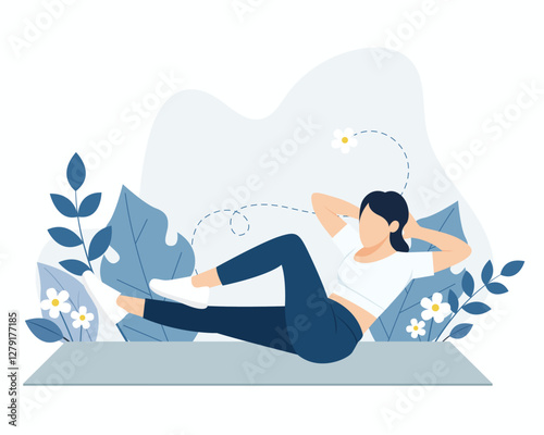 double crunch excercise, woman working out on mat