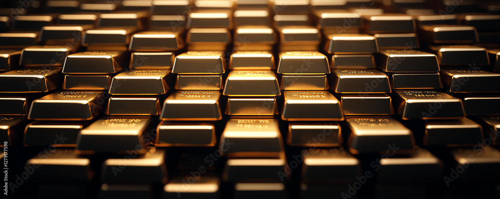 Obraz premium Golden bars stacked closely together create luxurious and opulent scene, reflecting light beautifully. arrangement showcases richness and value of gold in stunning display