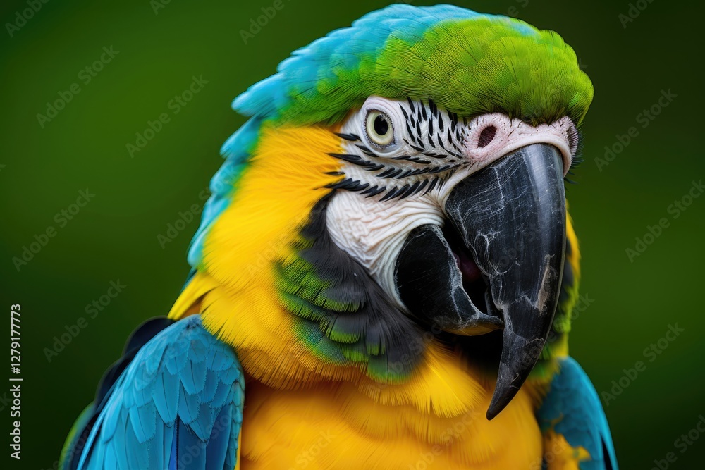 Blue and yellow macaw parrot head close up portrait on dark green background. Exotic tropical bird with bright feathers and curved black beak. Wildlife and nature concept Blue and yellow macaw parrot head close up portrait on dark green background. Exotic tropical bird with bright feathers and curved black beak. Wildlife and nature concept