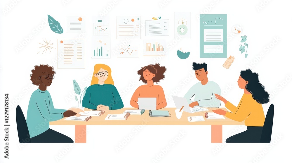 A diverse group of people collaborates at a table, engaging in discussion with charts and notes displayed on the wall behind them. A diverse group of people collaborates at a table, engaging in discussion with charts and notes displayed on the wall behind them.