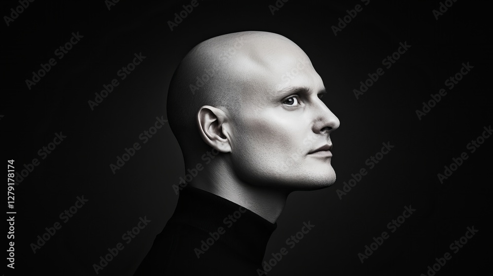 Profile of a bald man, serious expression, dark background, monochrome. Profile of a bald man, serious expression, dark background, monochrome.