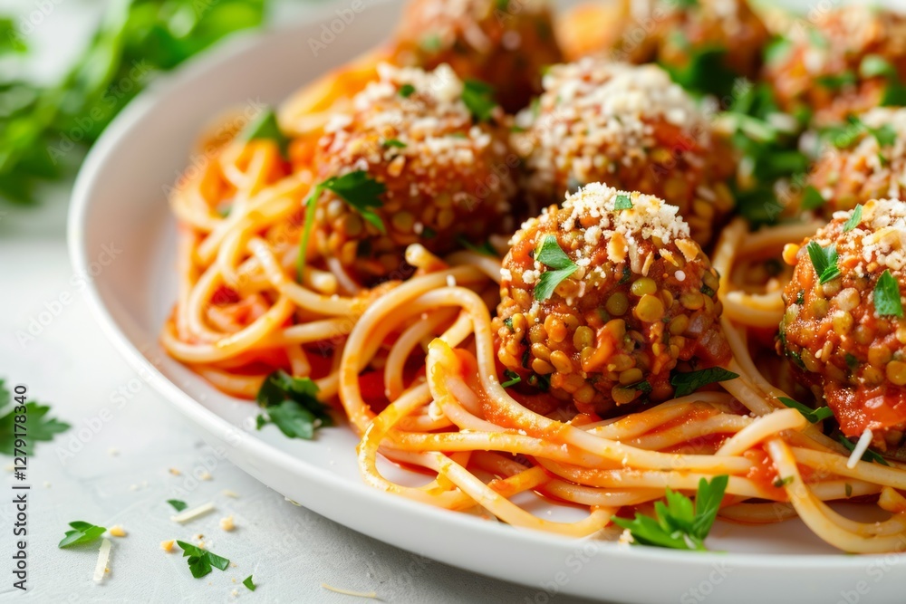 Vegan spaghetti and plant-based meatballs in bright setting. Neural network AI generated Vegan spaghetti and plant-based meatballs in bright setting. Neural network AI generated