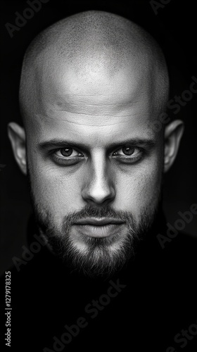 Close-up portrait of a bald, bearded man with intense eyes. Monochromatic, dramatic lighting.