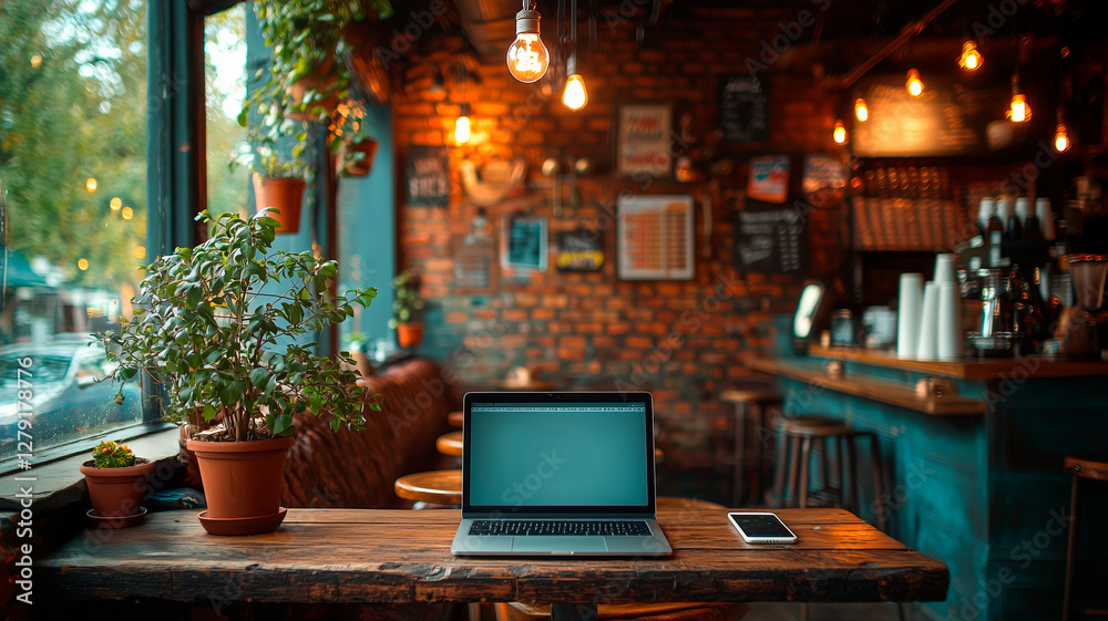 Minimalist home office setup with warm light and plants Minimalist home office setup with warm light and plants