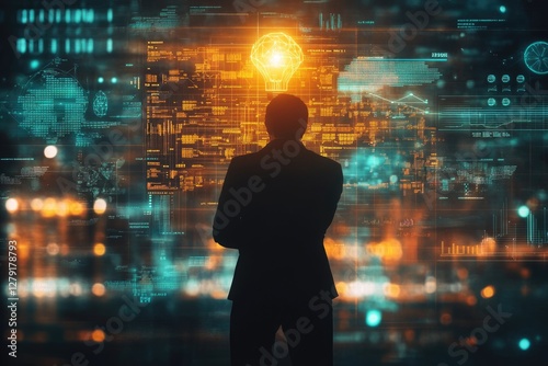A silhouetted figure contemplates a glowing lightbulb amidst a futuristic data visualization, symbolizing innovation and technological advancement.