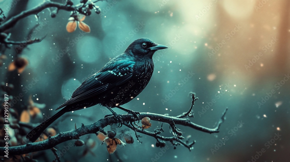 Dark bird perched on a branch in winter. Dark bird perched on a branch in winter.