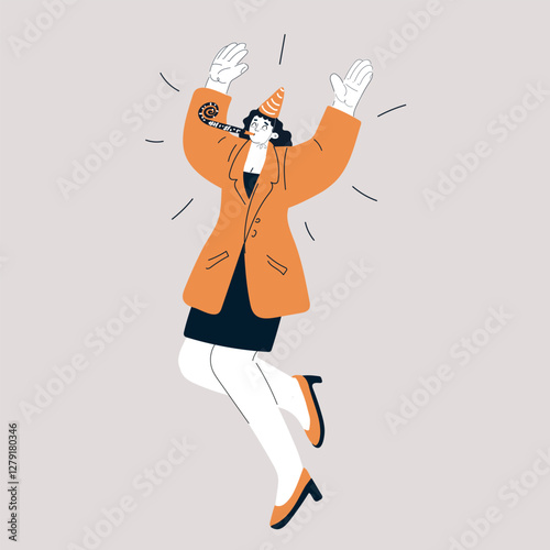 Vector illustration of a woman jumping with joy, wearing a party hat and blowing a party blower, full of celebration and excitement.