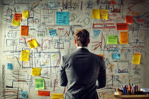 A businessman reviews a whiteboard covered in drawings, notes, and sticky notes, brainstorming ideas.