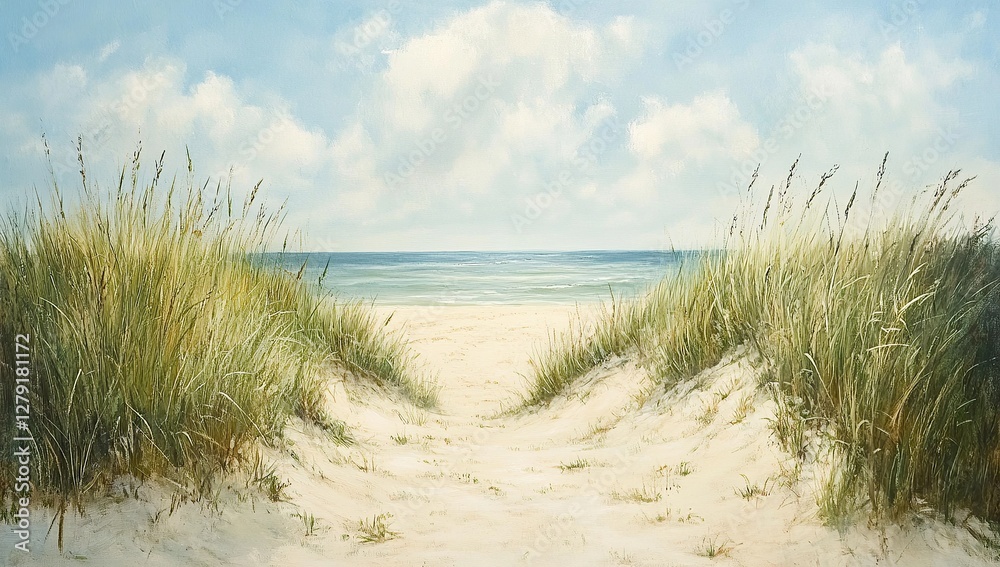 A serene beach scene with sand dunes and tall grasses, showcasing the beauty of coastal landscapes A serene beach scene with sand dunes and tall grasses, showcasing the beauty of coastal landscapes