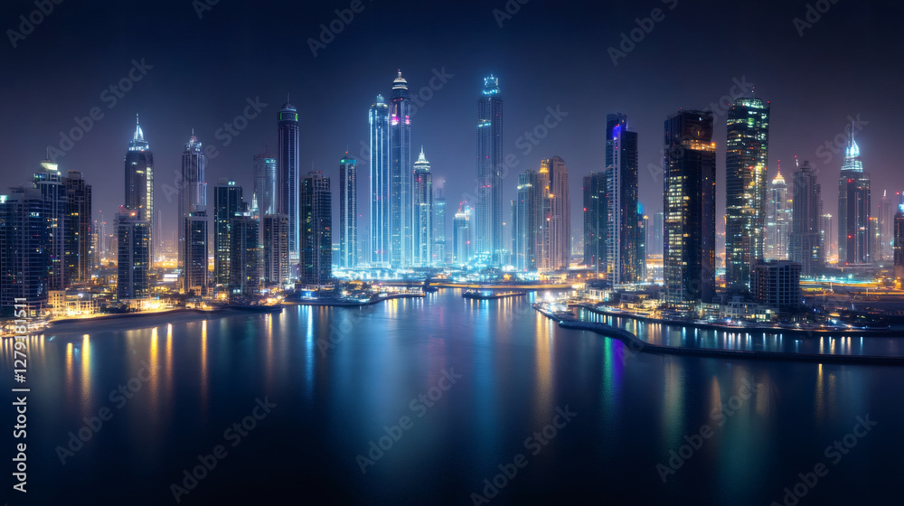 Naklejka premium Modern skyscrapers reflecting in the water of Dubai Marina at night, creating a stunning cityscape