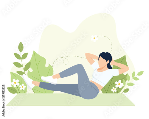 double crunch excercise, woman working out on mat