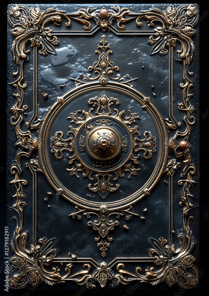 Medieval fantasy empty book with a gemstone-encrusted frame on a dark backdrop Medieval fantasy empty book with a gemstone-encrusted frame on a dark backdrop