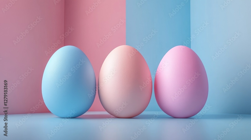 Fototapeta premium Three pastel eggs against soft pink and blue background. Easter, Pascha, Paskha, Ostern, Pascua, Paques - Orthodox and Catholic Holiday celebration