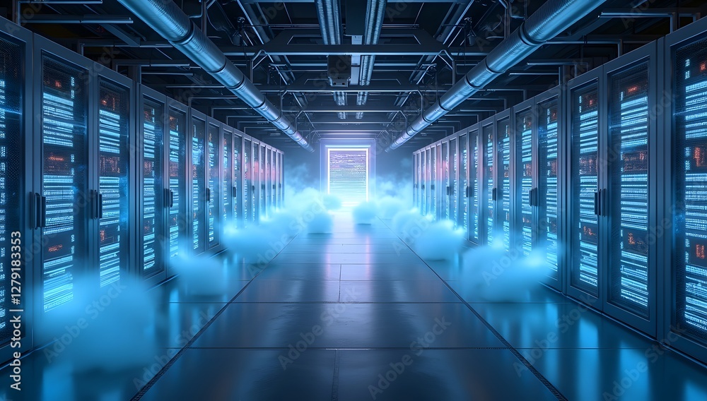 Futuristic Data Center: Rows of Humming Quantum Computers Futuristic Data Center: Rows of Humming Quantum Computers