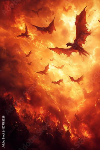Dragons and Knights Clash in Fiery Battle Sky