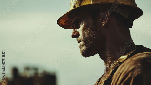 A weary oil worker wearing a hard hat stares intently
