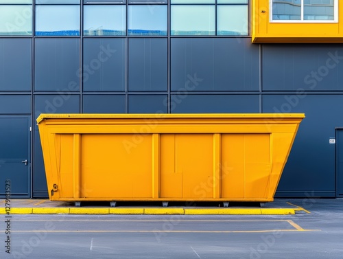 Bright yellow dumpster against a modern building facade showcasing urban waste management and recycling practices in a vibrant city environment concept