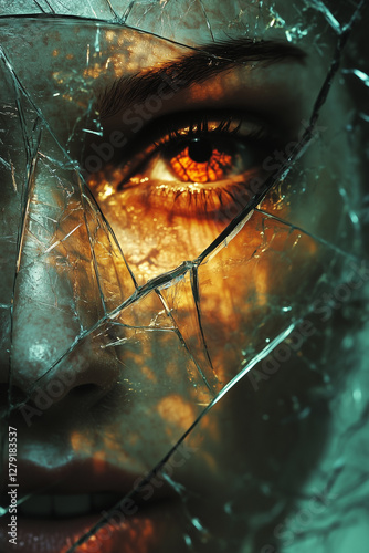 Distorted Face Reflection on Broken Glass with Eerie Lighting and Dark Tones, Unsettling Atmosphere