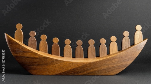 Business network visualization, wooden blocks with professional silhouettes linked by curved lines, representing teamwork and corporate connections
