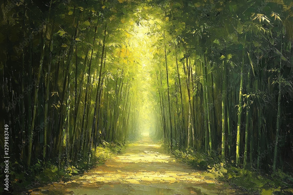 Naklejka premium Tranquil bamboo pathway illuminated by sunlight in lush forest nature scene serene landscape view