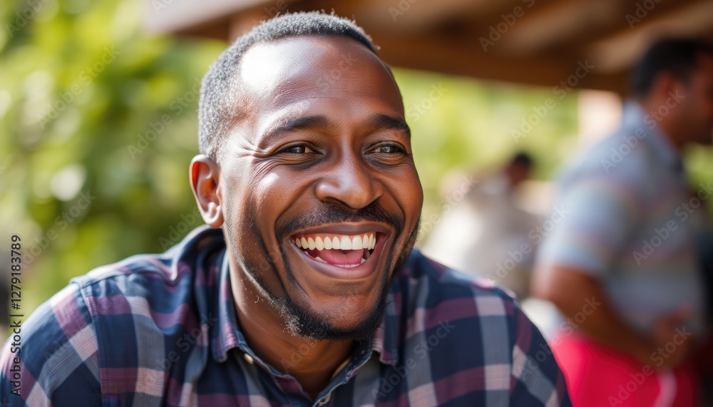 A man with a bright smile engages happily with friends in a vibrant outdoor setting. The warm sunlight enhances the joyful atmosphere, creating lasting memories A man with a bright smile engages happily with friends in a vibrant outdoor setting. The warm sunlight enhances the joyful atmosphere, creating lasting memories