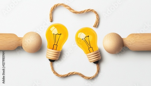 Business teamwork and creativity, abstract composition with linked wooden people and paper light bulbs, symbolizing idea exchange and collaboration photo