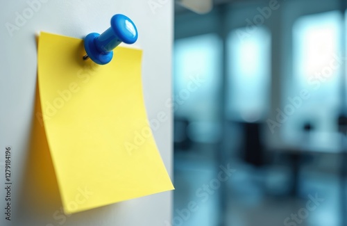 Single yellow post-it note attached to wall with blue push pin as simple practical message quick reminder. Blank memo paper for business, home educational use. Write important information list on