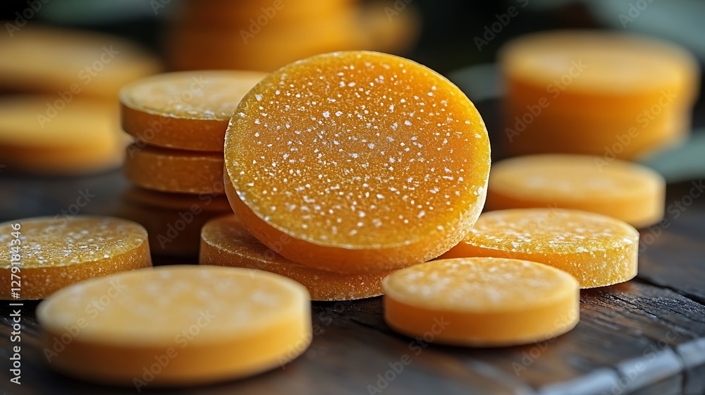 Macro view of vitamin c supplement tablets arranged on a rustic wooden surface Macro view of vitamin c supplement tablets arranged on a rustic wooden surface