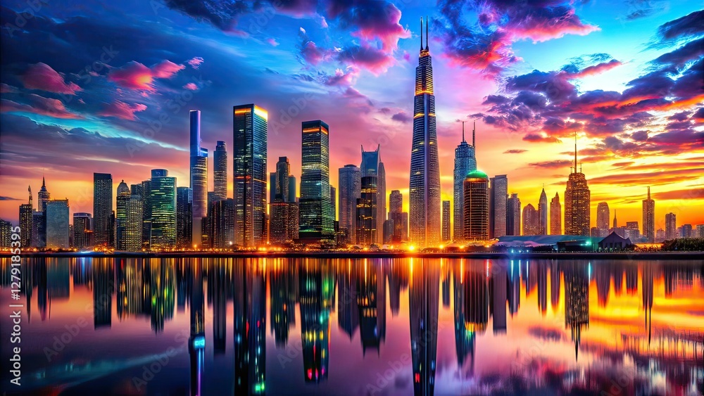 Fototapeta premium Futuristic Neon Skyline Sunset Reflection Macro