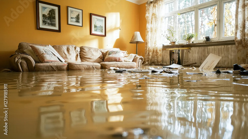 flooded living room with furniture and belongings submerged in water, showing severe damage, property insurance coverage and damage assessment