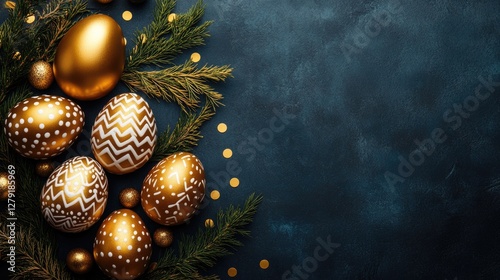 Elegant gold and white decorated easter eggs with greenery on dark background. Easter, Pascha, Paskha, Ostern, Pascua, Paques - Orthodox and Catholic Holiday celebration