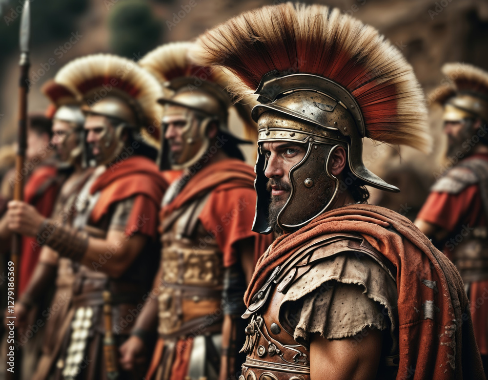 group of Roman soldiers in their traditional armor, historical battle scene