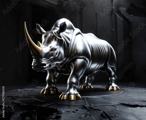 Obraz na płótnie Majestic metallic rhino with golden horn on dark background w salonie
