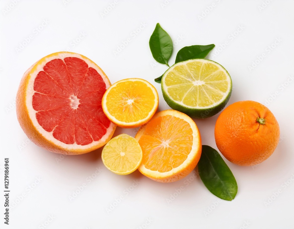 Freshly Cut Citrus Fruits Isolated on White Background for Vitamin-Rich Diet Freshly Cut Citrus Fruits Isolated on White Background for Vitamin-Rich Diet