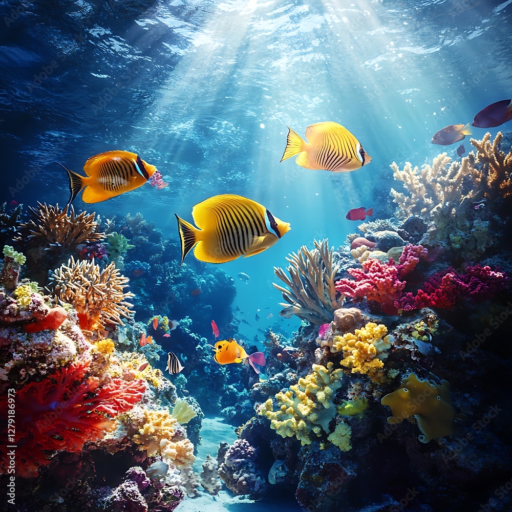 Naklejka premium High Resolution Tropical Fish Swimming Colorful Coral Reef Marine Life