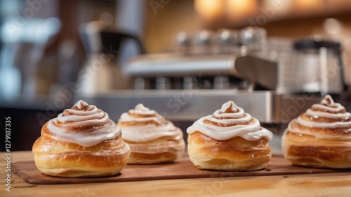 Freshly baked buns in a cozy café, served on a wooden tray with a cup of coffee. The warm, golden crust and soft texture create an inviting atmosphere. A perfect morning treat in a charming bakery set