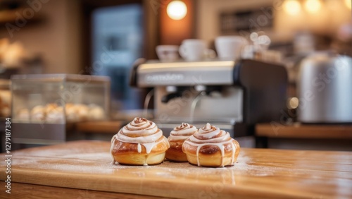 Freshly baked buns in a cozy café, served on a wooden tray with a cup of coffee. The warm, golden crust and soft texture create an inviting atmosphere. A perfect morning treat in a charming bakery set
