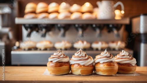 Freshly baked buns in a cozy café, served on a wooden tray with a cup of coffee. The warm, golden crust and soft texture create an inviting atmosphere. A perfect morning treat in a charming bakery set