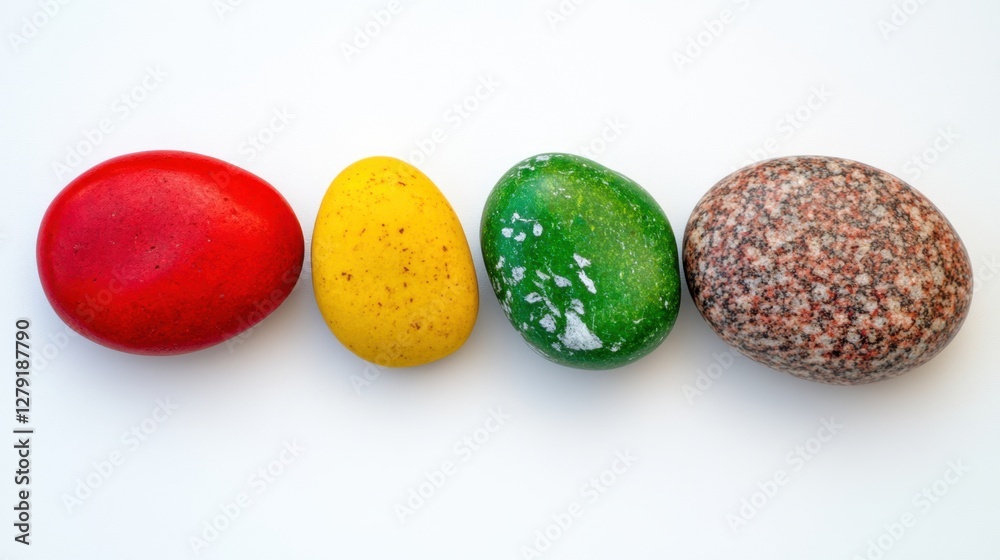 Four colorful candy eggs arranged in a row on a white background. Red, yellow, green and brown speckled eggs Four colorful candy eggs arranged in a row on a white background. Red, yellow, green and brown speckled eggs