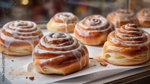 Freshly baked buns in a cozy café, served on a wooden tray with a cup of coffee. The warm, golden crust and soft texture create an inviting atmosphere. A perfect morning treat in a charming bakery set