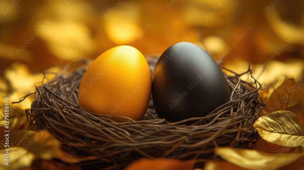 Close-up of gold and black eggs in a nest surrounded by golden leaves. Easter, Pascha, Paskha, Ostern, Pascua, Paques - Orthodox and Catholic Holiday celebration Close-up of gold and black eggs in a nest surrounded by golden leaves. Easter, Pascha, Paskha, Ostern, Pascua, Paques - Orthodox and Catholic Holiday celebration