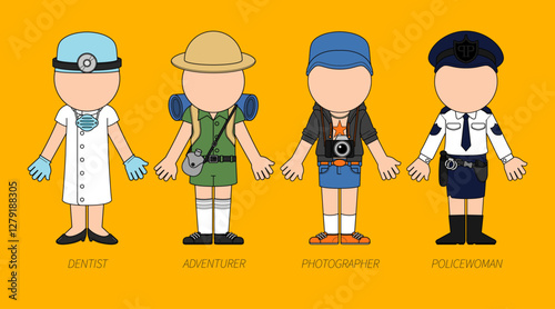 Professions Uniforms: Dentist, Adventurer, Photographer, Policewoman